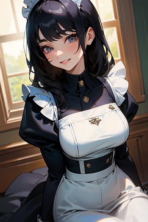 (Highest Resolution, clear_image) Highest quality, single, One woman, alone, masterpiece, Very detailed, Semi-realistic, Black Hairのショートヘア, Black Hair, bangs, 18-year-old, mature, light blue uniform, uniform, Indoor Background, kind, Authoritative, Powerful, exquisite features, exquisite features、Eyelashes become longer、Showing teeth、smile😀、Maid clothes、woman'Fingers in the、Sleeping on the sofa、Long Hair、Fluttering in the wind、cleaning、Navy blue clothes、Long Hair、