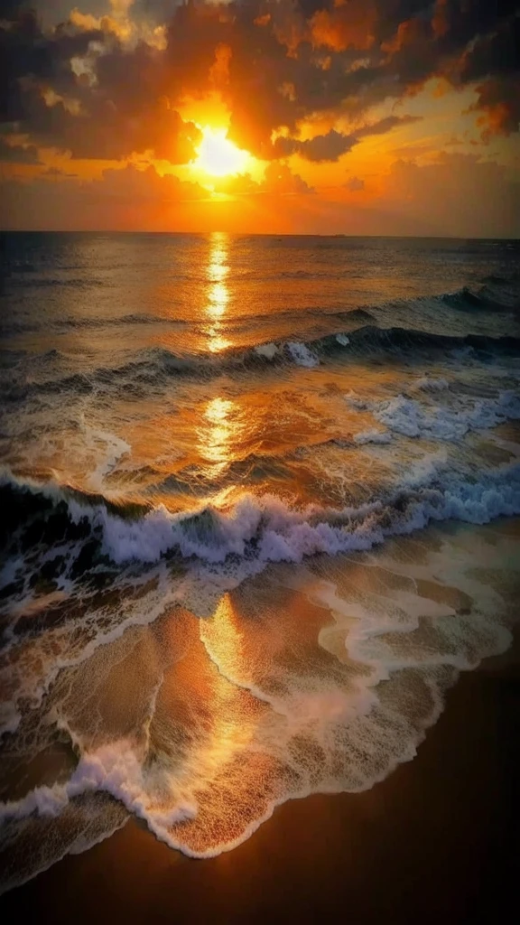 Enchanting sunset over the beach, Orange Blend, pink, The sky turns yellow. Touching the shore gently、Crystal clear sea water, Endless white sand beaches. This scene is dynamic and breathtakingly beautiful., Seagulls soaring high into the sky、Palm trees sway gently. Immerse yourself in a calm atmosphere、Feel at ease.