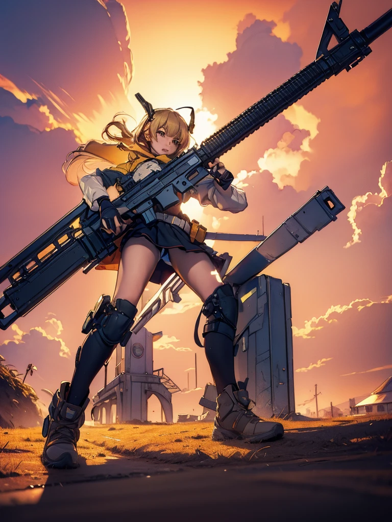 One girl, alone, skirt, Blonde, Simple Background, Knee socks, gloves, White Background, Holding, , Yellow Eyes, arms, teeth, Holding arms, gun, sharp teeth, Holding gun, rifle, assault rifle, holster, Breaking the rules, thigh holster, range, holstered arms, Load-bearing vest, AR-15