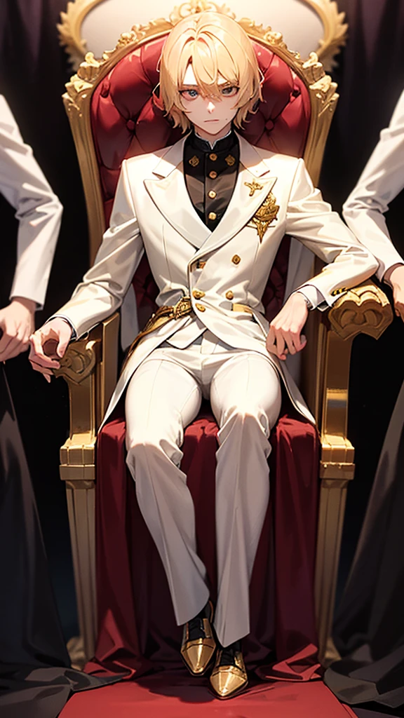 With short golden hair,The hair is on the back,Eyes jewel colored,There is still hatred in his eyes,Wearing a white suit is very elegant,The boy sitting on the throne, covered in blood and full of hatred