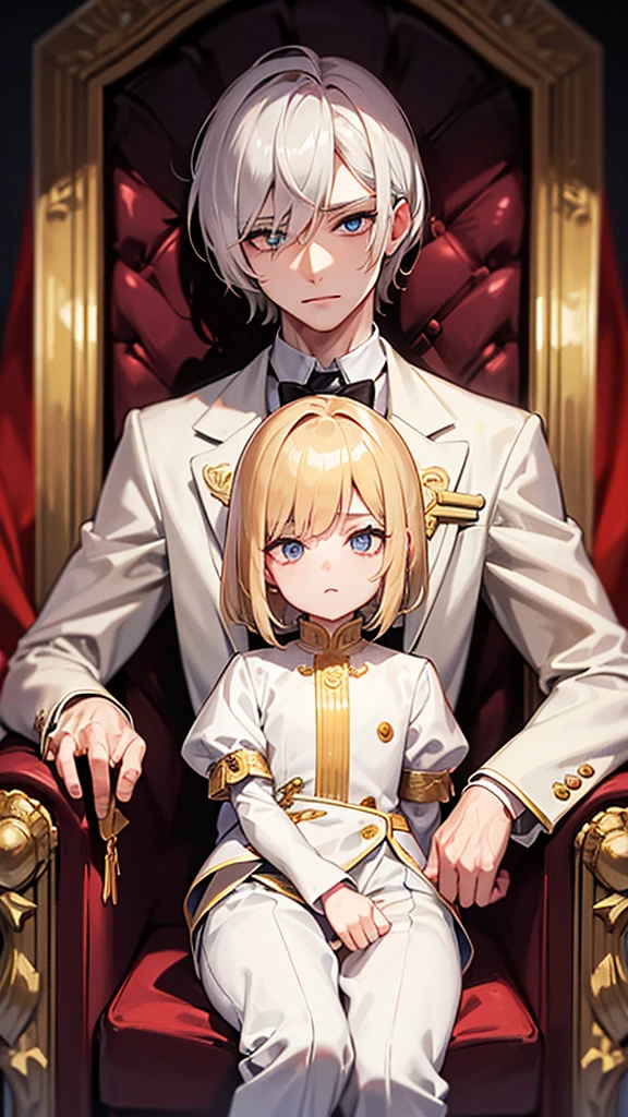 With short golden hair,The hair is on the back,Eyes jewel colored,There is still hatred in his eyes,Wearing a white suit is very elegant,The boy sitting on the throne, covered in blood and full of hatred