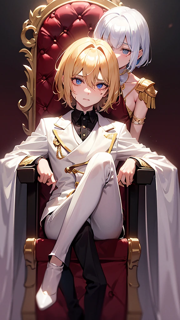 With short golden hair，The hair is on the back，Eyes jewel colored，There is still hatred in his eyes，Wearing a white suit is very elegant，The boy sitting on the throne, covered in blood and full of hatred