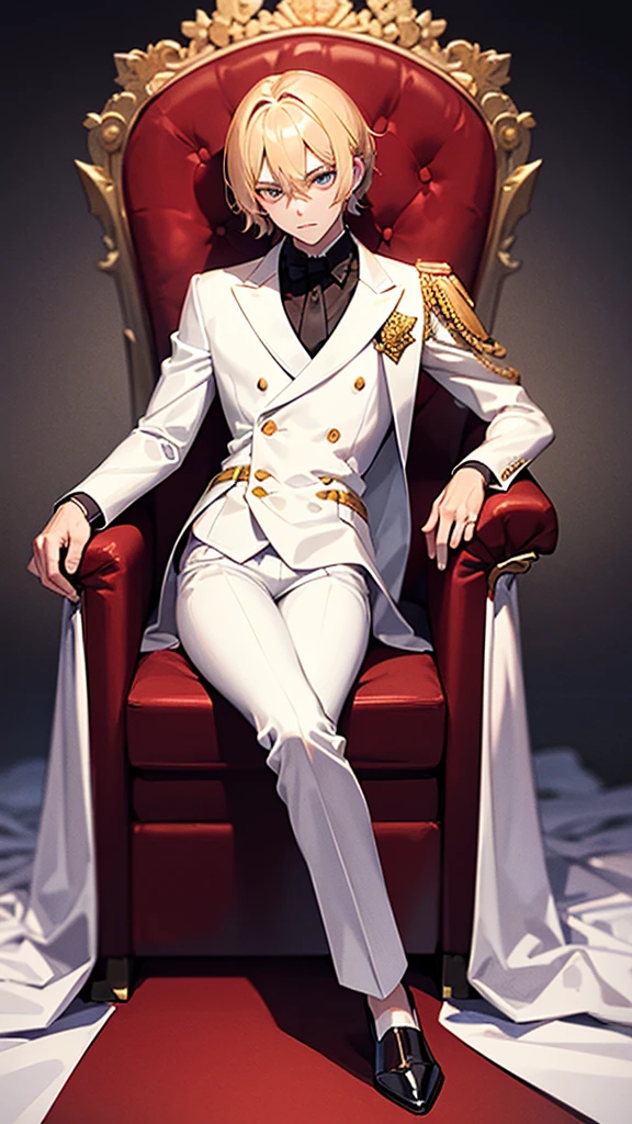 With short golden hair，The hair is on the back，Eyes jewel colored，There is still hatred in his eyes，Wearing a white suit is very elegant，The boy sitting on the throne, covered in blood and full of hatred