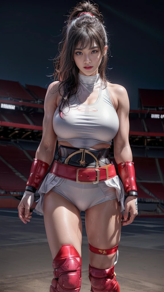 nsfw、Female professional wrestler、((Championship Belt))、expensive、smile、((In the Ring))、((Spotlight))、(((Big stadium)))、((Super big breasts))、((Super tight costume))、Wristband、(((Aggressive and flashy costumes)))、((Elbow guard))、(Shin guard)、I can see your abs、Hairstyle with bangs、((Sweat))、((Match venue))、Very beautiful woman、((Female Athletes))、(Detailed face)、Realistic Skin、((Delicate photo)),(Girl masterpiece RAW photo details:1.25), (Highest quality:1.6), (Ultra-high resolution:1.5), (Realistic:1.75), 8K resolution,50mm, Absurd, Super detailed,Cinema Lighting、