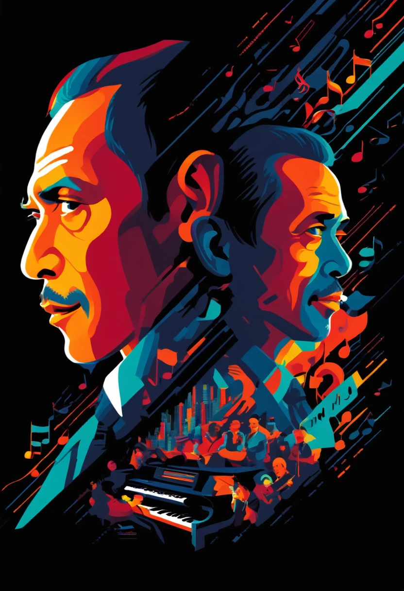 concept poster a Indonesia 45 years man, a half body portrait at musical notes, digital artwork by tom whalen, bold lines, vibrant, saturated colors, wpap,detailed fac,Vibrant colors palettes