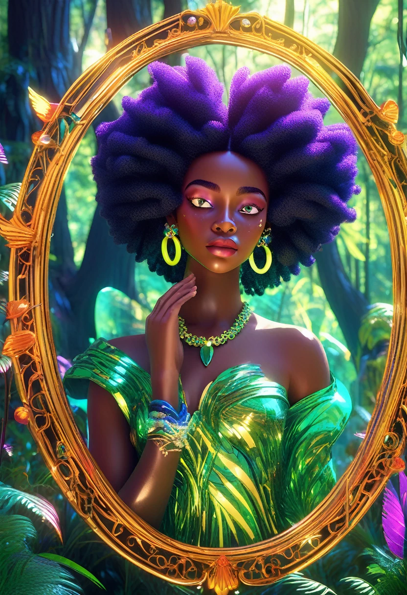 A stunning 3D render of surrealism art set against a lush, emerald forest backdrop, where dappled sunlight filters through dense foliage. One black young girl, her afro-puffs adorned with twinkling beads, gazes in awe at a majestic, mature black woman reflected in a gilded, ornate mirror. Exaggerated facial features, intricate skin textures, and vibrant, neon colors create a dreamlike atmosphere, amplified by a dramatic ring light. Rendered using Unreal Engine, Octane Engine, and V-Ray, this cinematic scene embodies the whimsy and fantasy of Pixar-esque animation.