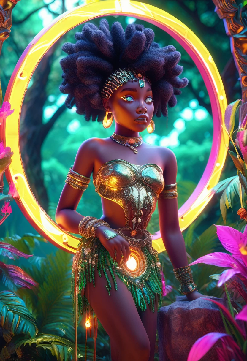 A stunning 3D render of surrealism art set against a lush, emerald forest backdrop, where dappled sunlight filters through dense foliage. One black young girl, her afro-puffs adorned with twinkling beads, gazes in awe at a majestic, mature black woman reflected in a gilded, ornate mirror. Exaggerated facial features, intricate skin textures, and vibrant, neon colors create a dreamlike atmosphere, amplified by a dramatic ring light. Rendered using Unreal Engine, Octane Engine, and V-Ray, this cinematic scene embodies the whimsy and fantasy of Pixar-esque animation.