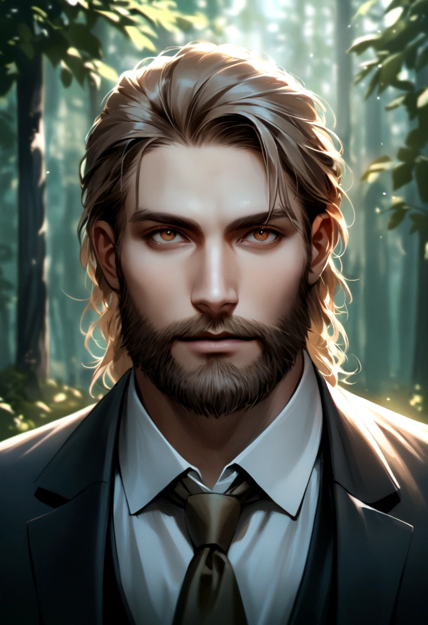 Create for me a realistic handsome businessman in light brown hair portrait, and beard. There will be a forest in the background