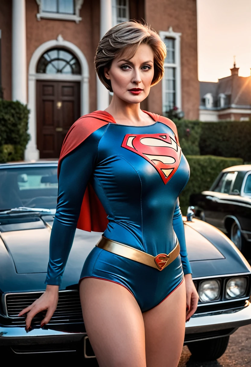 full body, wide-angle shot, close-up portrait of the body of a beautiful Supergirl, Grand et en forme, (40 years: 1.1), (shaven: 1.2), (very short brown hair: 1.5), (very short hair :1.6). Supergirl costume from 1984, (La veste a des motives de fleurs noires:1.2). (posing outside the mansion with a luxury car:1.1), busy street with cafes in the distance, Cold and dark sunset at dusk, (Edge Light:1.1),(Concentrez-vous sur les yeux), ( angry look), (hard light on skin: 1.2), (hard ombres, dark theme, deep contrast: 1.1), (Supergirl Mary Streep portrait photography), dark mint theme and coral aesthetic, (skin imperfections)