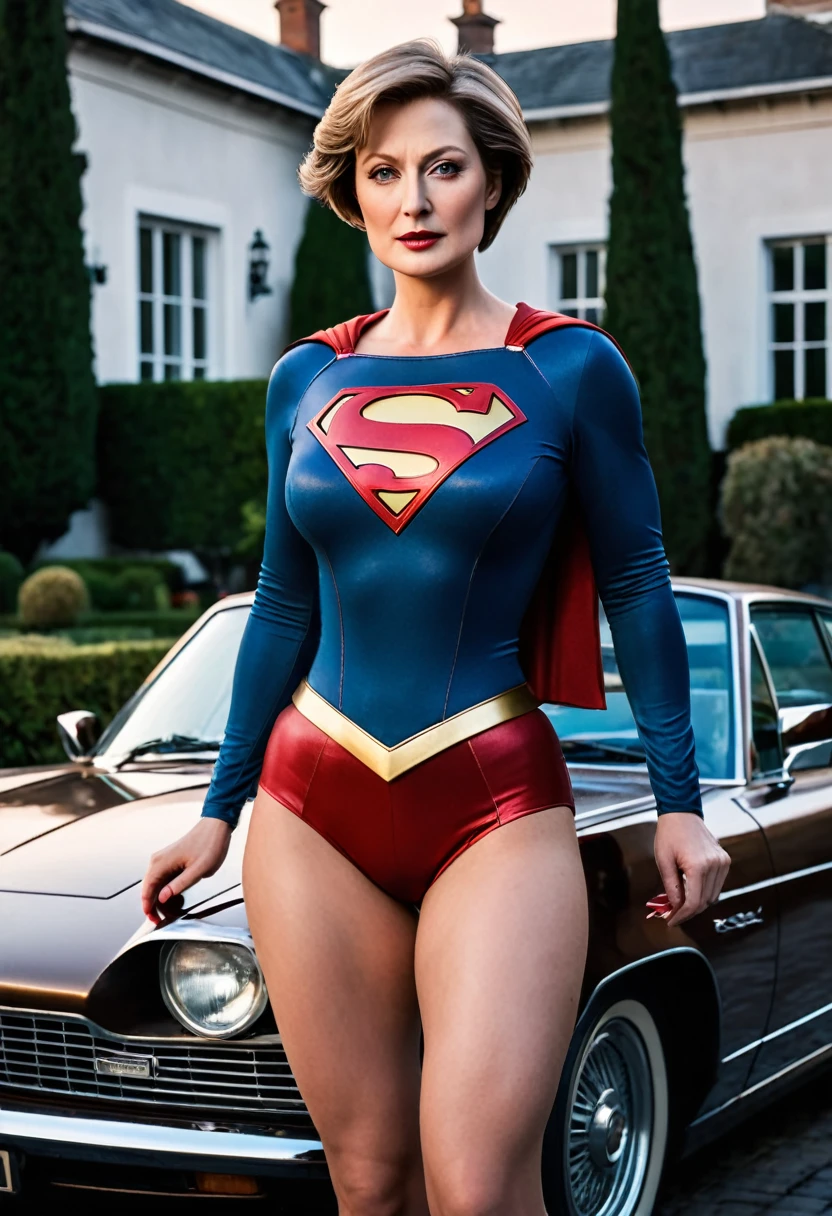 full body, wide-angle shot, close-up portrait of the body of a beautiful Supergirl, Grand et en forme, (40 years: 1.1), (shaven: 1.2), (very short brown hair: 1.5), (very short hair :1.6). Supergirl costume from 1984, (La veste a des motives de fleurs noires:1.2). (posing outside the mansion with a luxury car:1.1), busy street with cafes in the distance, Cold and dark sunset at dusk, (Edge Light:1.1),(Concentrez-vous sur les yeux), ( angry look), (hard light on skin: 1.2), (hard ombres, dark theme, deep contrast: 1.1), (Supergirl Mary Streep portrait photography), dark mint theme and coral aesthetic, (skin imperfections)