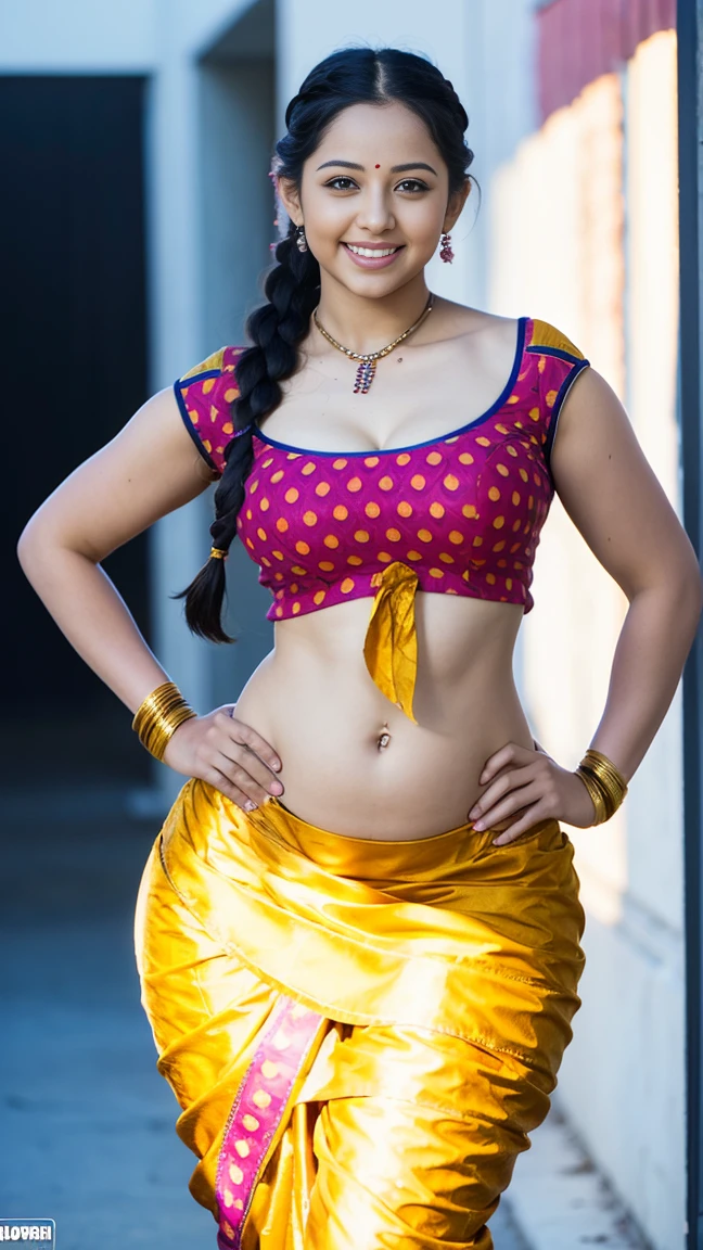 HD wallpaper 32k cinematic shoot of a Beautiful cute girl, with thick thighs and a curvy waist, twin braids, wearing an Indian blouse top, horny, seductively, in a school corridor, dotted blouse top, smiling, ((long curvy waist)), ((lowwaist)), ((curvy waist))