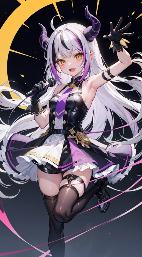 la+ darknesss, 1girl, solo, long hair, looking at viewer, blush, smile, open mouth, bangs, thighhighs, gloves, dress, holding, standing, yellow eyes, purple hair, ahoge, grey hair, multicolored hair, horns, alternate costume, fang, white gloves, armpits, arm up, official alternate costume, streaked hair, standing on one leg, demon girl, demon horns, bike shorts, single thighhigh, microphone, skin fang, holding microphone, idol, idol clothes, hololive idol uniform,