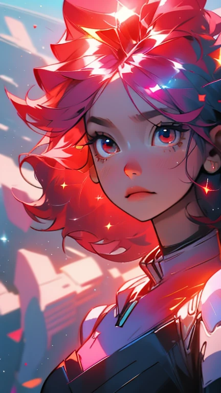 Medium tall girl, bright ruby hair, that looks like a jewel, Red eyes, with futuristic clothing, shine on the face, floating in space, with a lost and calm look