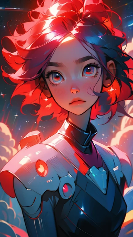 Medium tall girl, bright ruby hair, that looks like a jewel, Red eyes, with futuristic clothing, shine on the face, floating in space, with a lost and calm look
