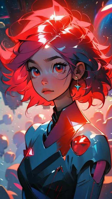 Medium tall girl, bright ruby hair, that looks like a jewel, Red eyes, with futuristic clothing, shine on the face, floating in space, with a lost and calm look