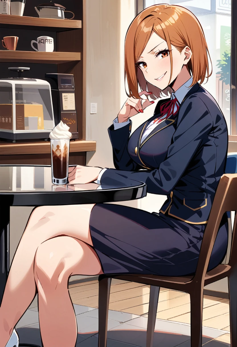 nobara kugisaki,teacher uniform,cafe, sitting on chair, glass table,drinking coffee,sexy, crossed legs,white heels, large breasts ,ftont look, mocking smile,seductive face,red nails 