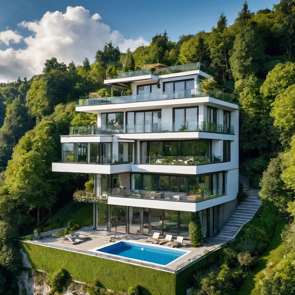 Country cozy house which is made in a modern style with elements of a classic house, it has 2 floors with terrace and balcony, full size windows on the second floor, the house has a spacious garden, the house is located on the cliff next to a forest with a view of the city with skyscrapers and clouds, view from the dron on 25 metrs