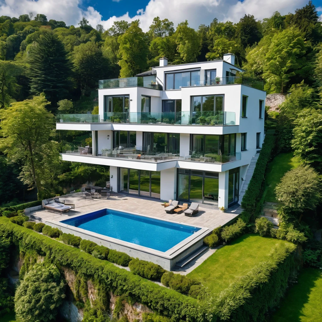 Country cozy house which is made in a modern style with elements of a classic house, it has 2 floors with terrace and balcony, full size windows on the second floor, the house has a spacious garden, the house is located on the cliff next to a forest with a view of the city with skyscrapers and clouds, view from the dron on 25 metrs