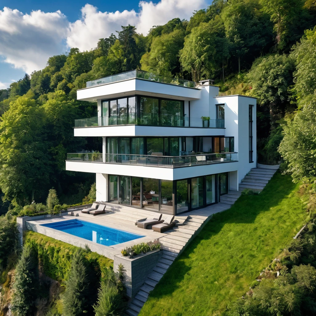 Country cozy house which is made in a modern style with elements of a classic house, it has 2 floors with terrace and balcony, full size windows on the second floor, the house has a spacious garden, the house is located on the cliff next to a forest with a view of the city with skyscrapers and clouds, view from the dron on 25 metrs