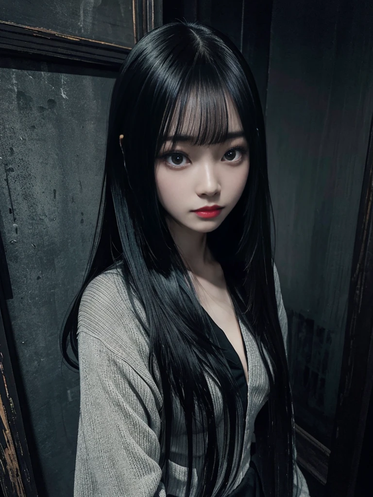 high angle american shoot, ultra-realistic textures, sensual style, a sinister but attractive humanoid puppet, Slim and creepy Sadako Yamamura style from The ring, scary pale grayish face, very long and straight black hair, wearing a shabby outfit with a black miniskirt, black leggings and a thin black sweater very tight ghostly appearance, skin of the face with cracks, in a dark house in the dark foggy night
