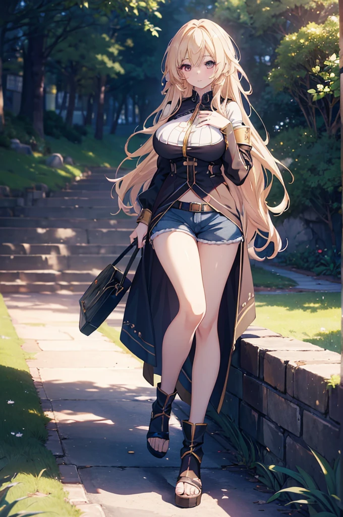 (big breasts, long hair)), (((anime girl))), daylight sunlight, full body, mole on chest, ((shorts)), (extremely detailed 8k cg wallpaper), (extremely delicate and beautiful), (Masterpiece artwork), (the best quality: 1.0), (ultra resolution: 1.0), beautiful lighting, realistic shadows, [high resolution], Detailed aspects, ultra detailed