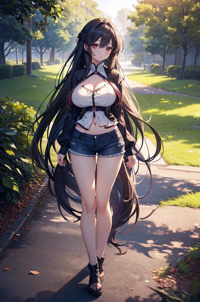 (big breasts, long hair)), (((anime girl))), daylight sunlight, full body, mole on chest, ((shorts)), (extremely detailed 8k cg wallpaper), (extremely delicate and beautiful), (Masterpiece artwork), (the best quality: 1.0), (ultra resolution: 1.0), beautiful lighting, realistic shadows, [high resolution], Detailed aspects, ultra detailed
