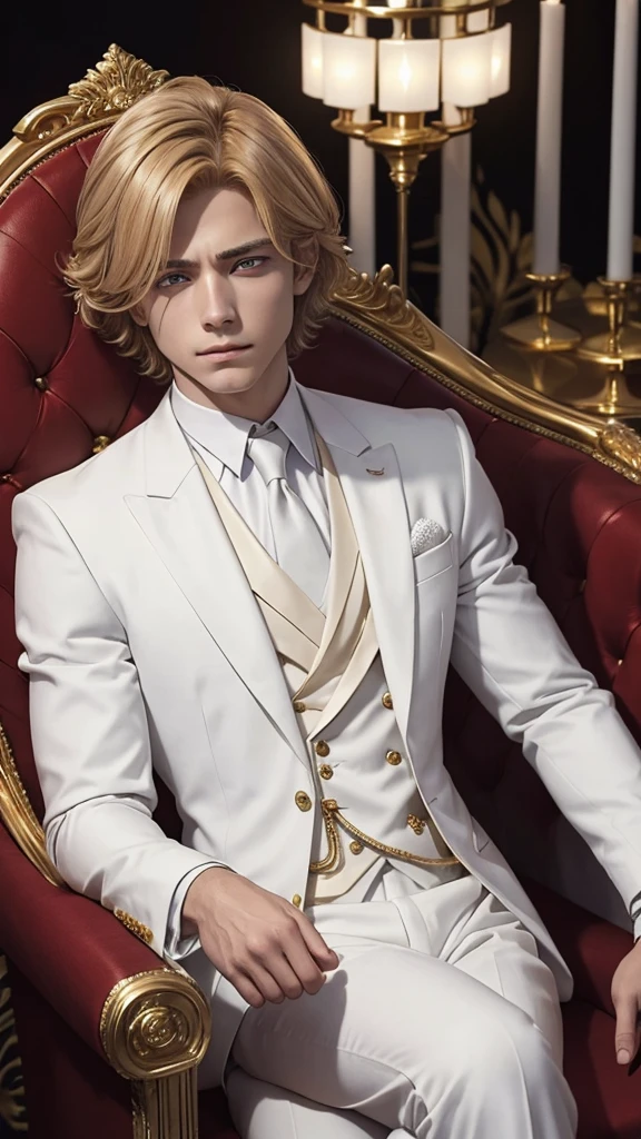 With short golden hair，The hair is on the back，Eyes jewel colored，There is still hatred in his eyes，Wearing a white suit is very elegant，The boy sitting on the throne, covered in blood and full of hatred