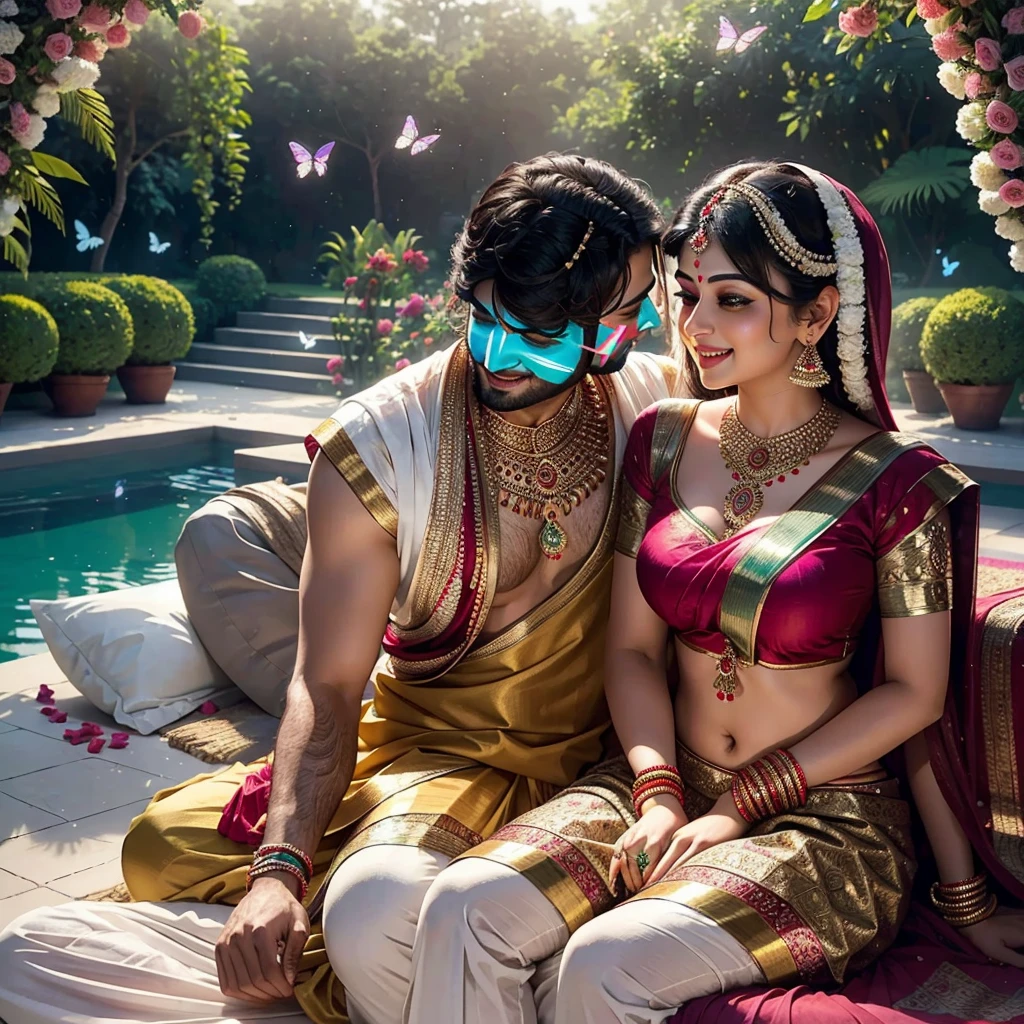 Sexy Indian Hansika Motwani young Woman wearing sexy kerala traditional dress, sitting on lap of clean shaved romantic man, lord Krishna, man waring traditional kerala dothi, no shirt, making out, aggressively, Kerala traditional dress, Krishna and Radha, in a garden, butterflies and peacocks in the garden, smiling each other