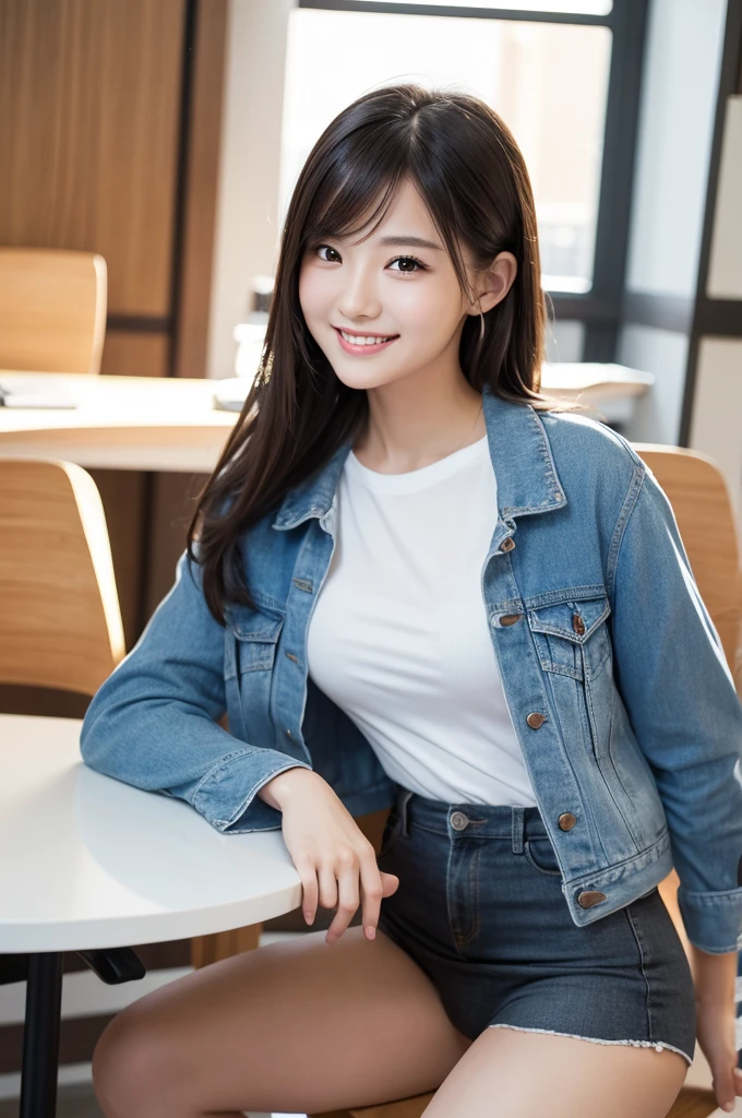 (Sitting posture 1.3),(Facing straight ahead 1.3),(1 girl),(Stock Highlight 1.3),(Put on a shirt 1.3),(Jacket 1.3),(Panties 1.3),Dynamic Angle,Attention to detail,Depth of written boundary,135mm,Textured skin,Super detailed,high quality,Awards,最high quality,High resolution,8K,White skin,Sun light,stylish,Perfect composition,最high quality,Very detailed,masterpiece,Cute face,Big smile,Beauty,Age 35,At the office,Sit on a chair,Tabletop,supreme beauty,masterpiece,
