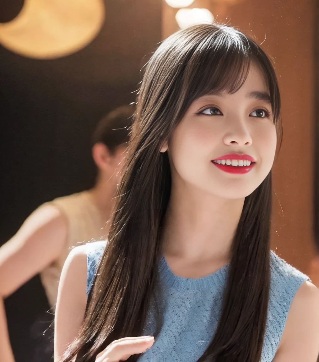 青いSleeveless sweaterを着た日本女性、 (((masterpiece))), ((Highest quality)), ((Intricate details)), (((超Realistic)), irrational solution, Near and far, Very detailed, Realistic, 1 Girl, ((Big Breasts)), Perfect hands, Finger details, Beautiful and detailed, Long Hair, Brown eyes,(Sleeveless sweater:1.2), Blue knitted dress, Detailed Background,, Perfect Eyes, Captivating eyes, Looking at the audience, from the front、Laughter、Moles around the mouth、Red lips