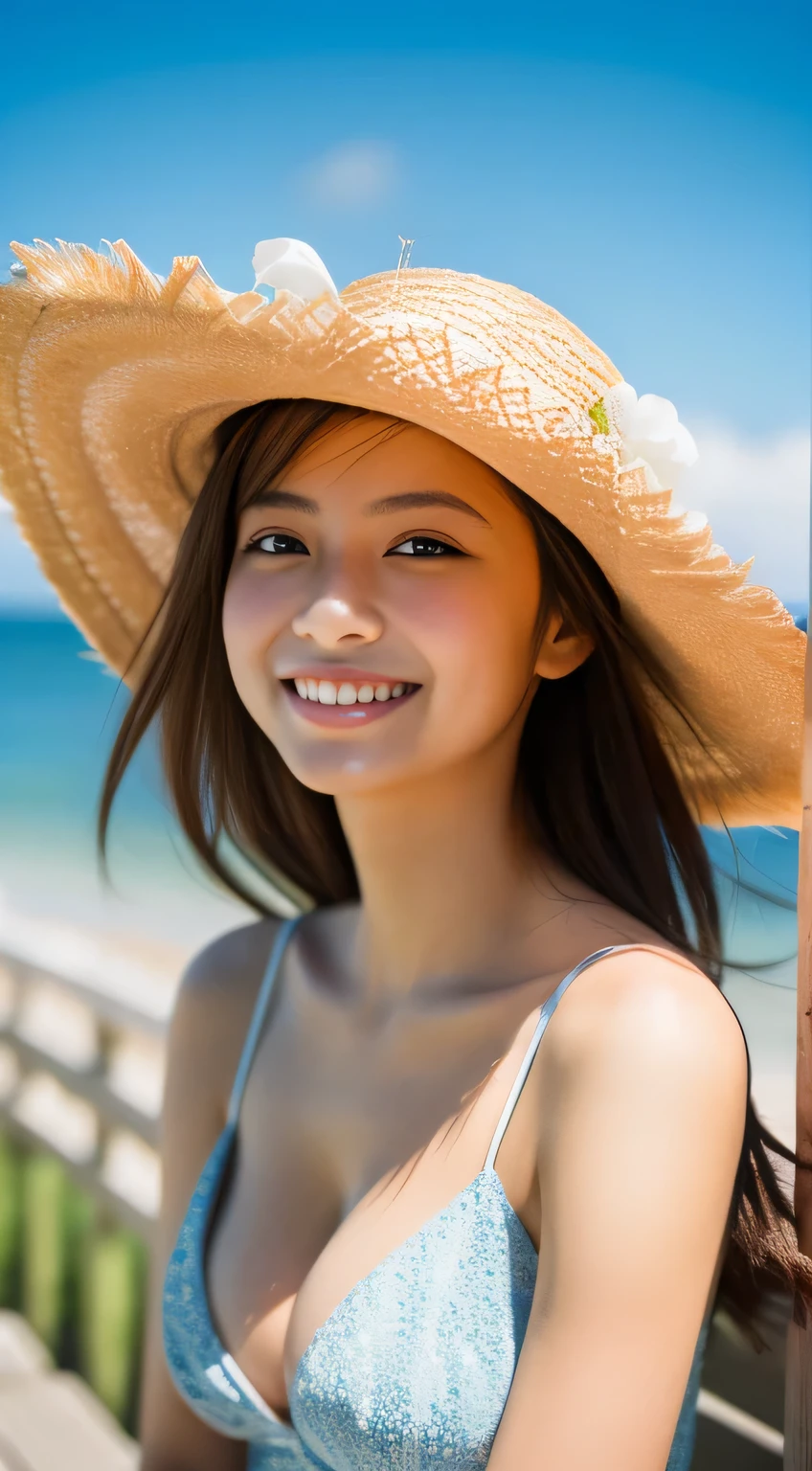 masterpiece,best quality,(Japanese ),((Beautiful girl)),cleavage,(perfect body beauty:1.2),(shy smile),beautiful teeth,(straw hat),(seaside),