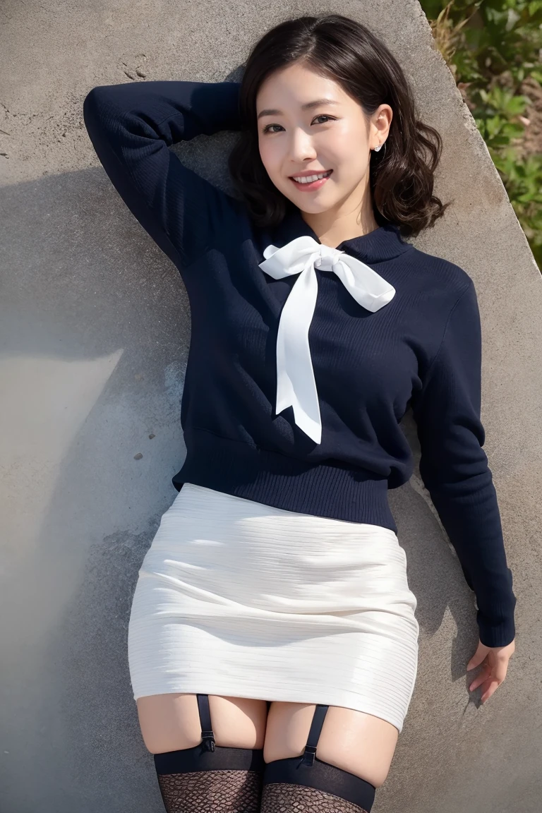 (Highest quality, masterpiece,Photo realistic,Very detailed,Textured skin:1.2), ((From above)),(1 Girl),(mini skirt),(garter belt),stockings,shirt, (Japanese Mature),(40 years old), (Natural hairstyles),Natural eyebrows,smile,
