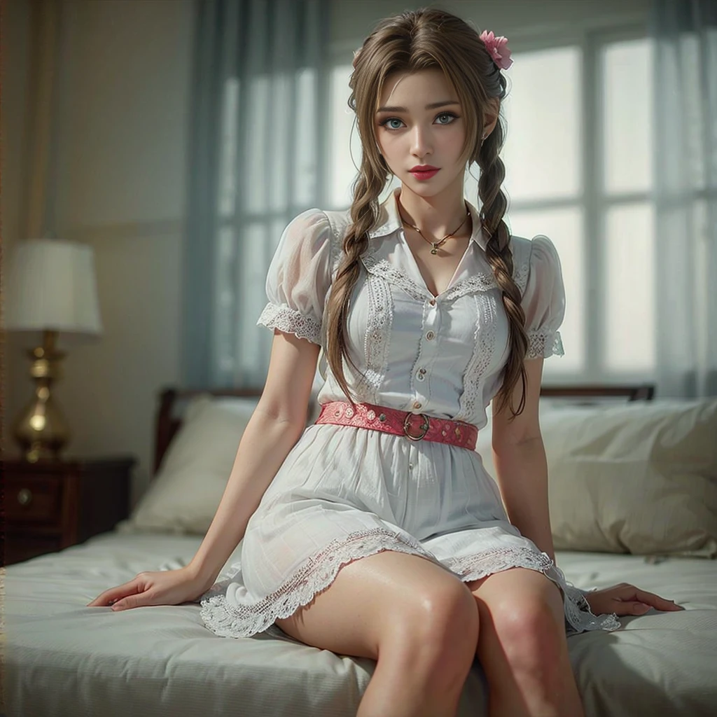 Aerith, green eyes, (best quality, ultra-detailed), (realistic:1.37), beautiful and detailed face, ultra-realistic texture, delicate face, delicate body, red lipstick, bright colors. High definition, 8K
