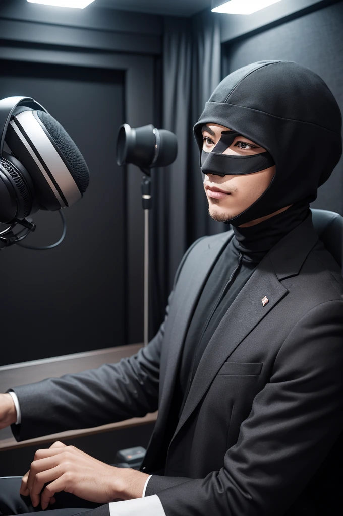 Create a sophisticated "black masked presenter character." in a podcast studio.