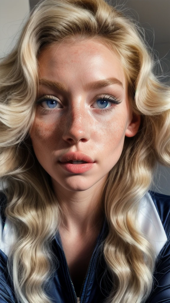 Dynamic view from above of an albino woman with freckles, extremely thin and sensual, blonde hair ((curly)) slightly messy (over the eyes), with large and highly detailed light blue eyes, large and curved eyelashes, making a sensual pout with her mouth, extremely beautiful, exuberant beauty, perfect symmetry, perfect body, detailed skin with quality and depth, she is wearing an oversized navy blue baltimore rinno force football shirt, ultra-realistic image, perfect symmetry, vibrant and clear, dynamic vision , high level of detail and definition, 1200 PPI – Photographic resolution with greater central realism, hyper-realistic and high-fidelity cinematic 4K UHD image resolution.