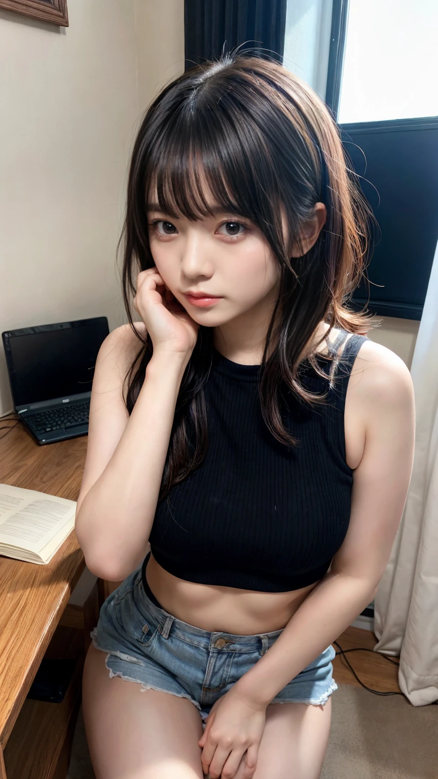 masterpiece, best quality, illustration, Super detailed, fine details, High resolution, 8K,wall paper, perfect dynamic composition,(Details High quality, realistic depiction of eyes:1.3), short hair, (wavy hair:1.2), tanktop, Erotic shorts, Layered Cut, black hair color, Big Natural Color Lip, (living room, Studying at a desk), crying a little、cold gaze, Harajuku style、20 year old girl、cute type、lolita, Gravure Idol, full body photo、focus on crotch, very heavy chest