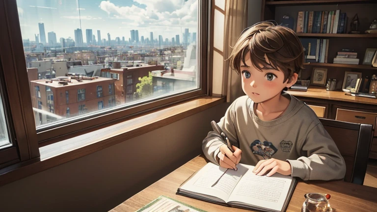 , 18-years old, light brown hair, eyes browns, estilo rebelde, wearing headphones and writing in notebook at his study desk, in your room, next to large window overlooking the city. On the table there are 2 books and a cup of tea, her little cat and on the shelf with books there is a small vase with flowers.
