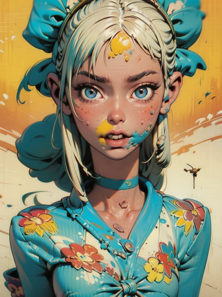 (masterpiece), (High resolution), (Very delicate), (masterpiece: 1.2, Highest quality), ((Expiration)), scribble, nightmare, Doll-like face, Manga style, rough sketch, Comic style illustration, (Horror elements), Japanese painting, whole body,(snap shot),, that'terrible, (Spooky), Japan sculpture,old picture scroll style, old staging, Ancient mural style, crazy illustration, Dark atmosphere, Flat Illustration, Spookyな外観, A very distinctive hairstyle, disheveled blonde hair、creative accessories, Unique atmosphere、punkファッション、punk、アイルランドのpunk