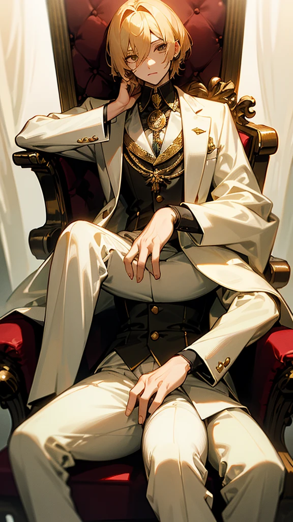 With short golden hair,The hair is on the back,Eyes jewel colored,There is still hatred in his eyes,Wearing a white suit is very elegant,The boy sitting on the throne, covered in blood and full of hatred