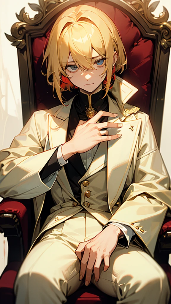 With short golden hair,The hair is on the back,Eyes jewel colored,There is still hatred in his eyes,Wearing a white suit is very elegant,The boy sitting on the throne, covered in blood and full of hatred
