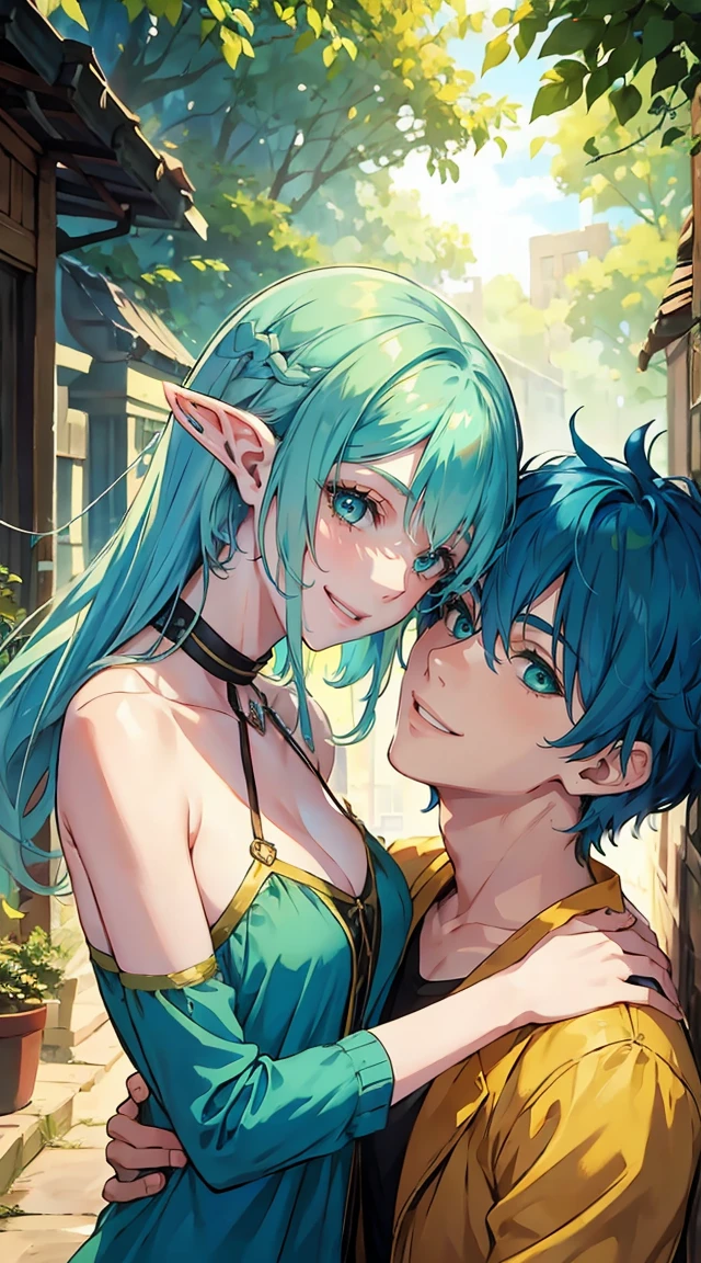 girl  with blue hair playing with a blond haired green eyed  elf boy, close friends, smiling, laughing, younger