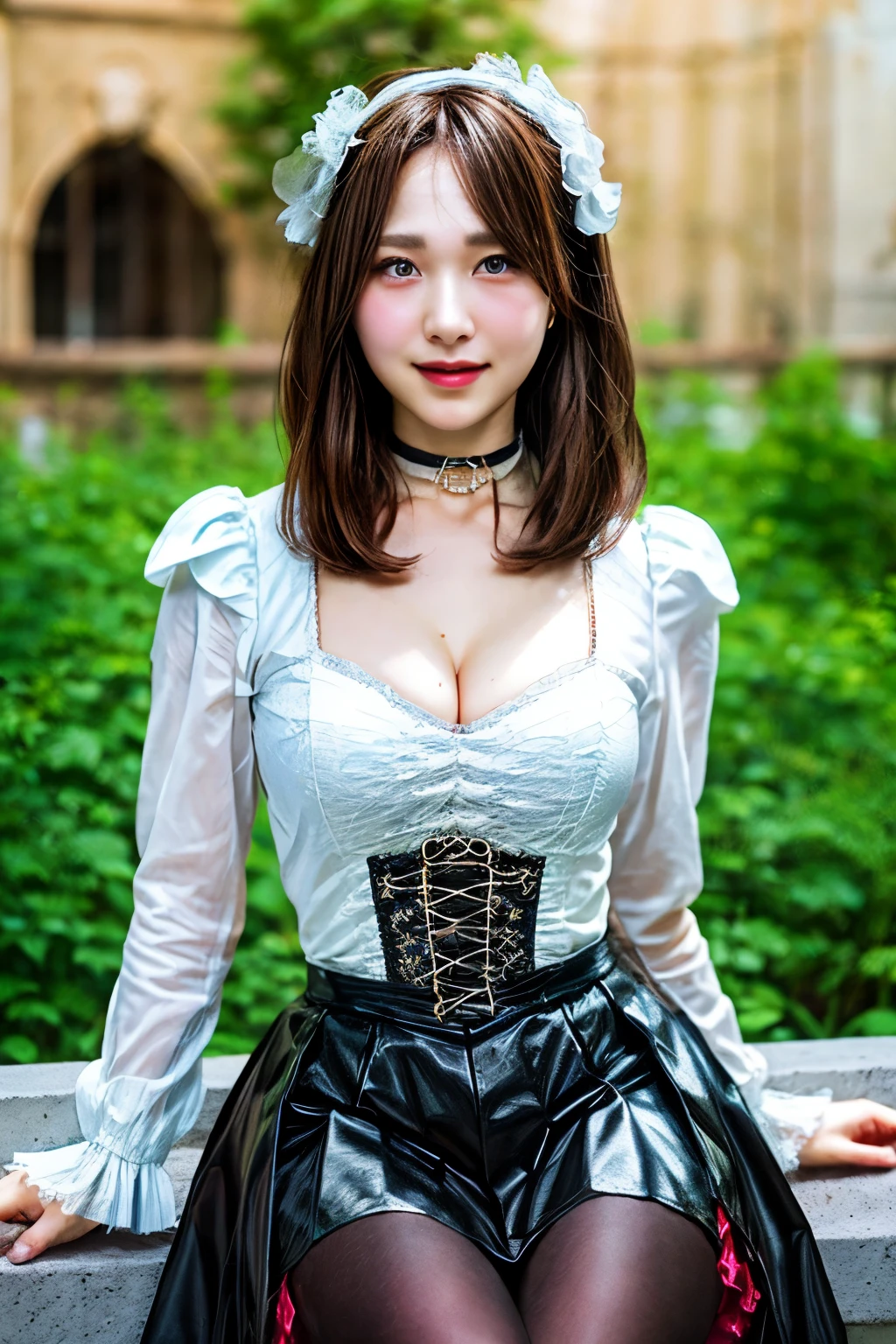 (nsfw:-2.0), (realistic, photo-realistic:1.4), (best quality,masterpiece:1.2), RAW photo, high resolution, intricate details, extremely detailed, realistic and sharp details, cinematic lighting, (portrait, frontal photography), solo, 1girl, (doll-like appearance), (victorian-style cosplay), (large breasts, cleavage), dark hair, detailed face, detailed eyes, smile, (pastel color clothes), bell-shaped skirt, petticoats, sweetheart neckline, puffed sleeves, detailed lace, detailed embroidery, accessories and matching headpiece, choker, large sparkling jewelry, ankle strap pumps, photo background, outdoors, (city ruins, ruins, concrete), nature, overgrown,,,