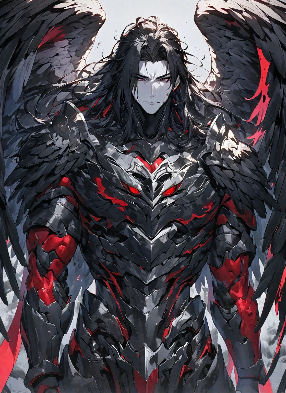 Best quality, One, beautiful, 1 man, tall man, with a sporty body, V-shaped body, wide shoulders, black detailed armor with bright white details, 12 black feathered wings, long hair, Black hair covered with dirt and Charcoals, neon white pupils (white eyes), against the background Black miasma with shades of red