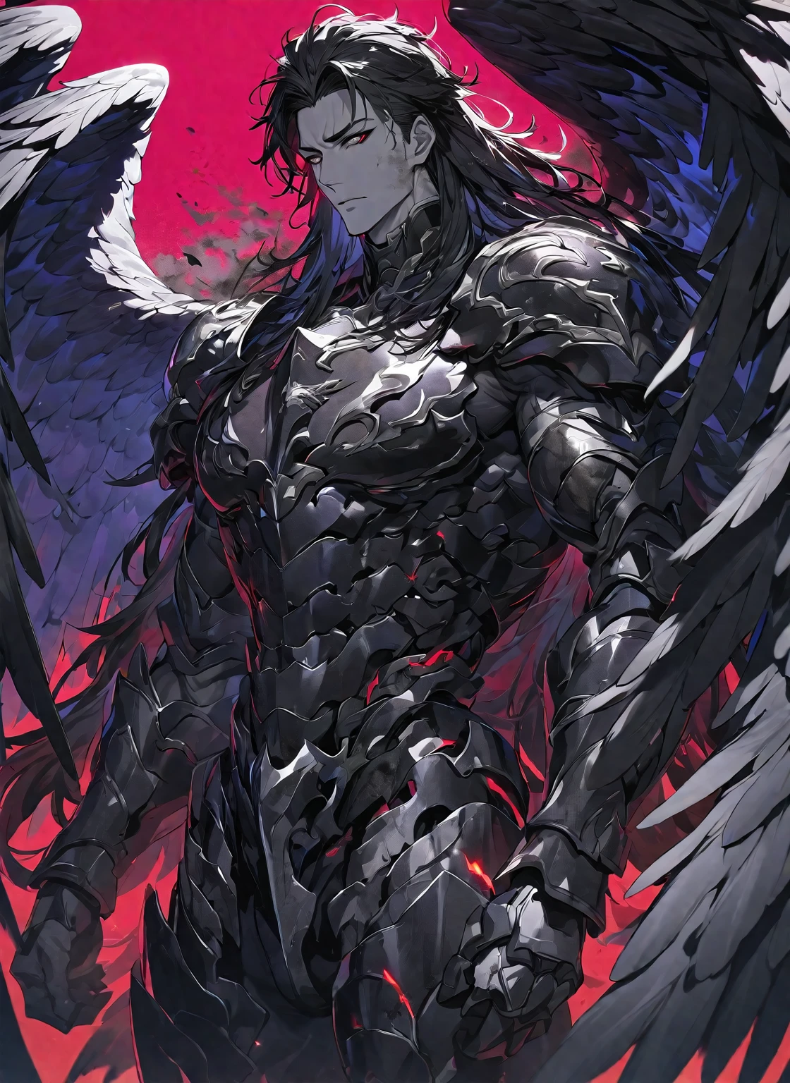 Best quality, One, beautiful, 1 man, tall man, with a sporty body, V-shaped body, wide shoulders, black detailed armor with bright white details, 12 black feathered wings, long hair, Black hair covered with dirt and Charcoals, neon white pupils (white eyes), against the background Black miasma with shades of red