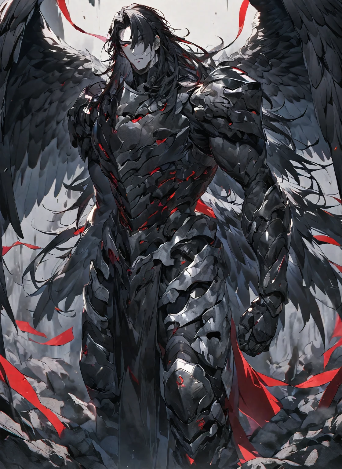 Best quality, One, beautiful, 1 man, tall man, with a sporty body, V-shaped body, wide shoulders, black detailed armor with bright white details, 15 black feathered wings, long hair, Black hair covered with dirt and Charcoals, neon white pupils (white eyes), against the background Black miasma with shades of red