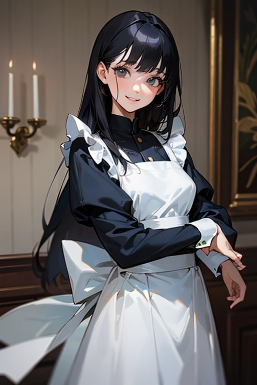 (Highest Resolution, clear_image) Highest quality, single, One woman, alone, masterpiece, Very detailed, Semi-realistic, Black Hairのショートヘア, Black Hair, bangs, 18-year-old, mature, light blue uniform, uniform, Indoor Background, kind, Authoritative, Powerful, exquisite features, exquisite features、Eyelashes become longer、Showing teeth、smile😀、Maid clothes、woman'Fingers in the、Sleeping on the sofa、Long Hair、Fluttering in the wind、cleaning、Navy blue clothes、Long Hair、