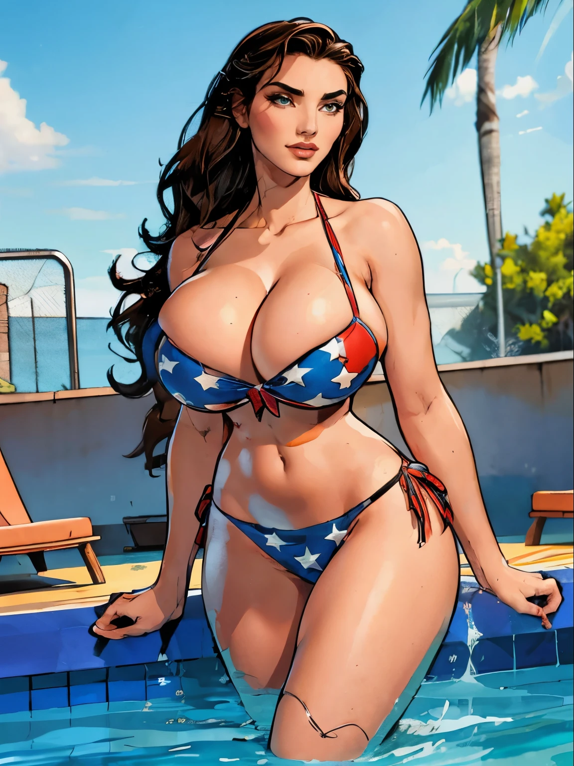 Gorgeous and sultry busty athletic (thin) brunette (smirking) with sharp facial features and a ((long), slicked-back hair) and (huge breasts, long legs) wearing a star-spangled American flag print bikini, Americana, swimming pool.