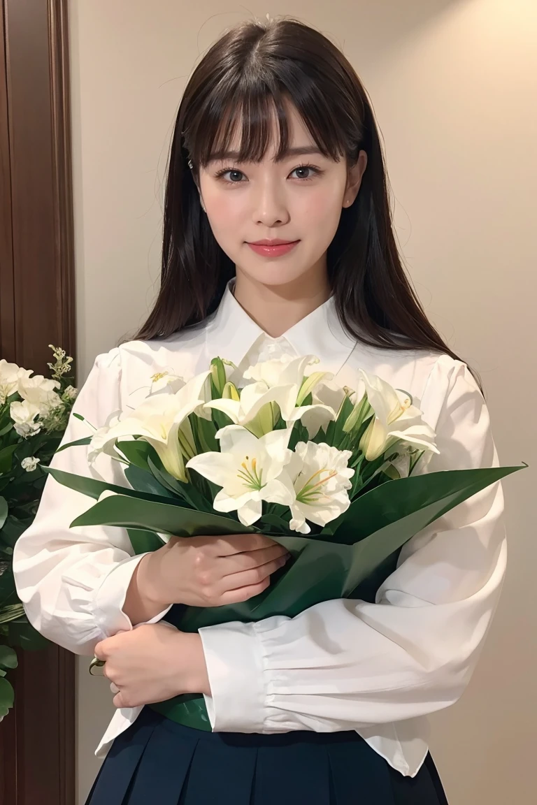 Medium Size Display, Medium Shot, Written boundary depth, bust, Upper Body, Movie angle, masterpiece, Highest quality, Very detailed, CG, 8k wallpaper, Beautiful Face, Delicate eyes, Otome, alone, smile, bangs, skirt, Formal blouse, Bouquet of lilies