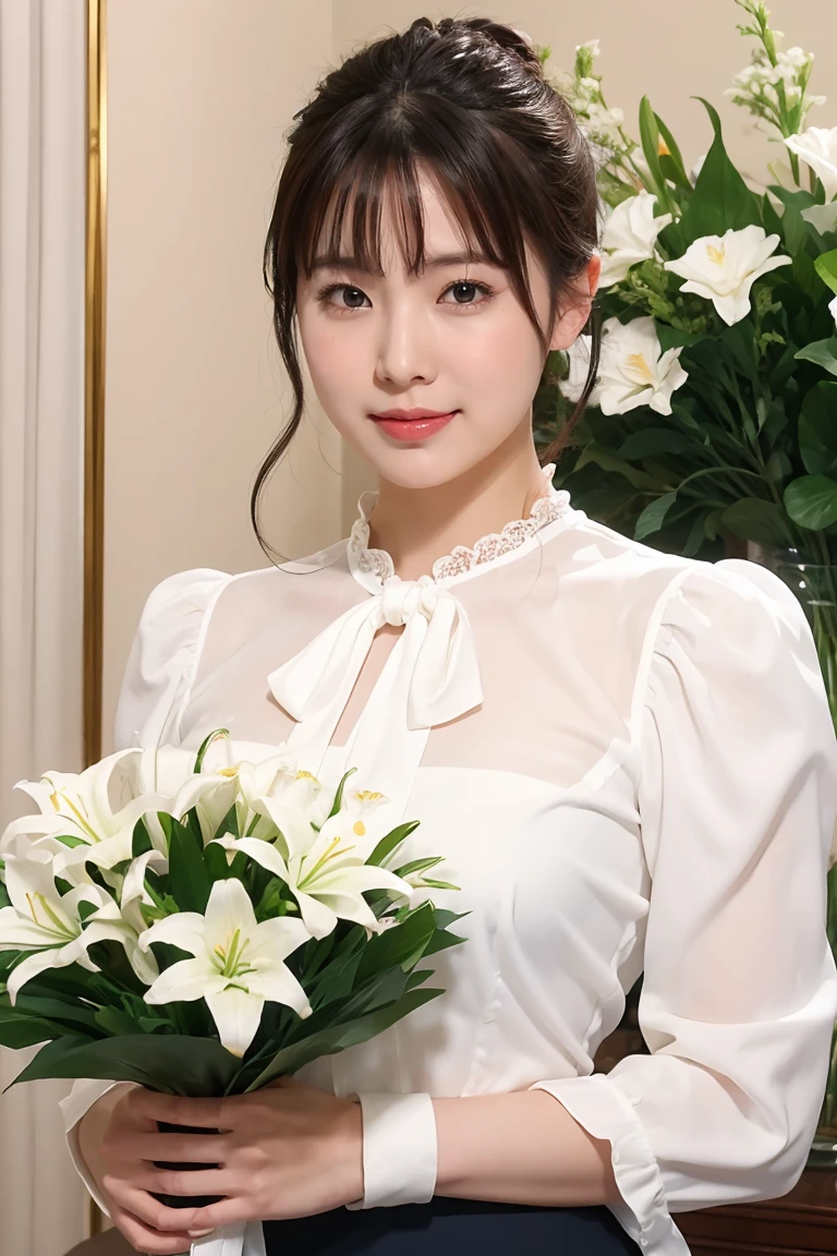 Medium Size Display, Medium Shot, Written boundary depth, bust, Upper Body, Movie angle, masterpiece, Highest quality, Very detailed, CG, 8k wallpaper, Beautiful Face, Delicate eyes, Otome, alone, smile, bangs, skirt, Formal blouse, Bouquet of lilies