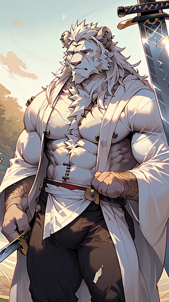 (masterpiece),(highres),(intricate details:1.4),extremely detailed,(illustration:1.2),8k,photorealistic,exquisite,,aged,elder male lion ,muscular,(bishop :1.7),(Ancient Greek mythological style;1.8),(loose white robe:1.6),manhood,safeguard,(white hair:1.3),long hair,long white beard,scar,(badly damaged:1.7),(a sword piercing into his chest:1.9),(bulging crotch:1.8),(homosexual),(naked upper body:1.7),(a serene face:1.9)